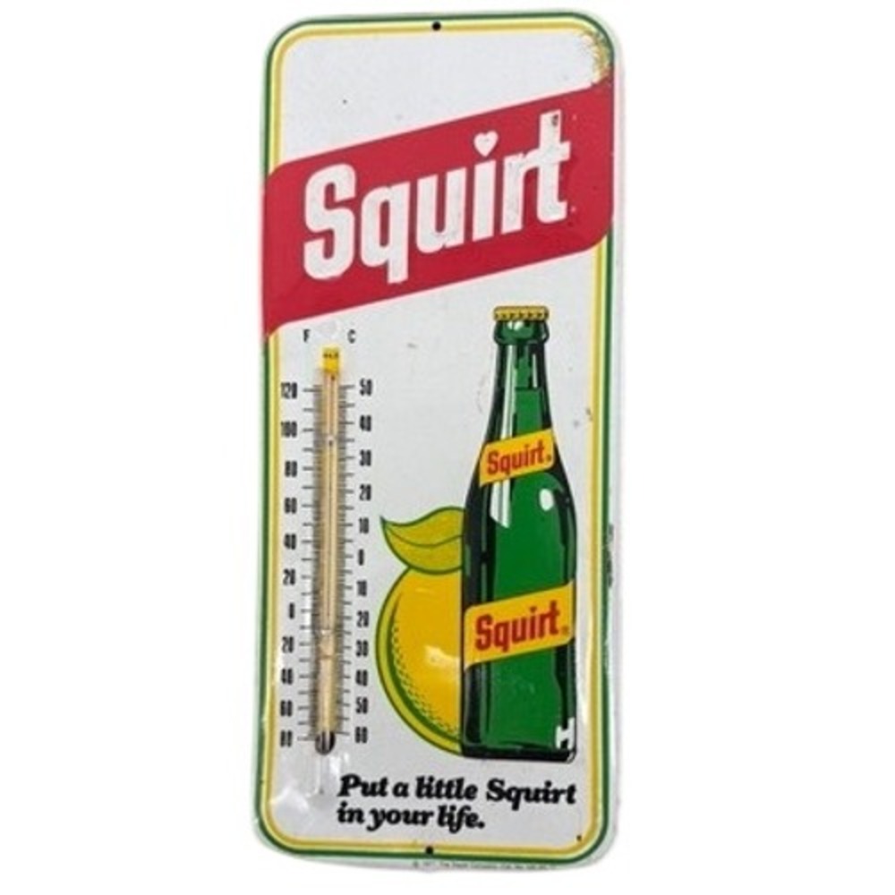 Vintage Squirt Soda Advertising 1970s Tin Thermometer Sign Retro Beverage Decor